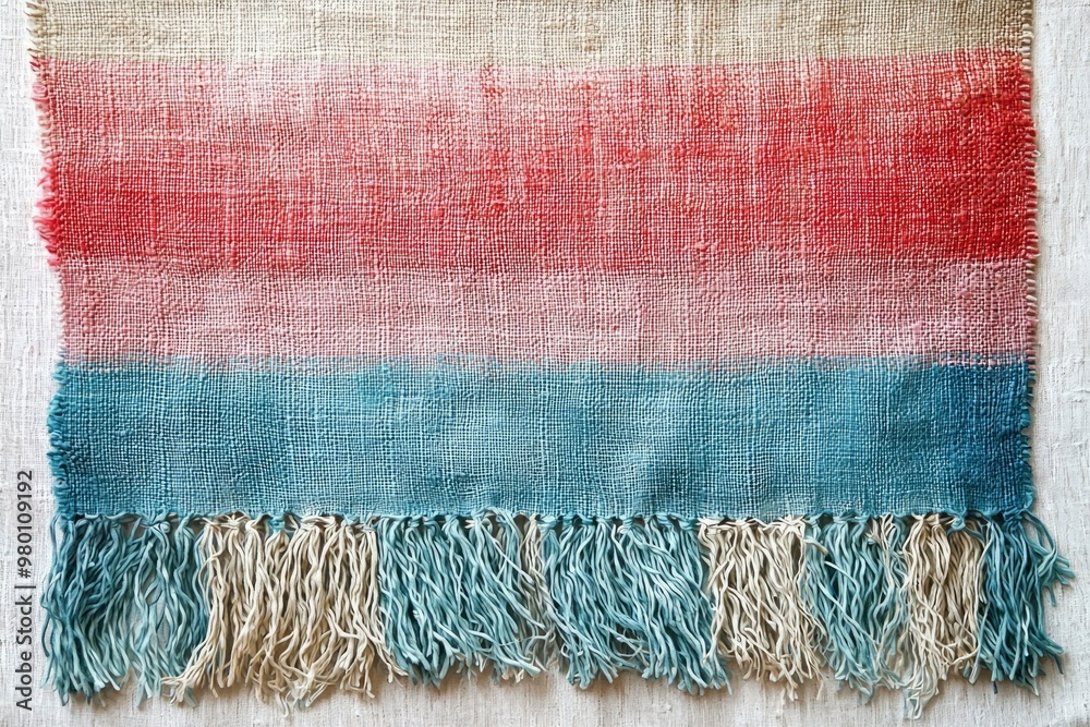 Obraz premium A Handwoven Rug with Red, Blue, and White Stripes and Tassels
