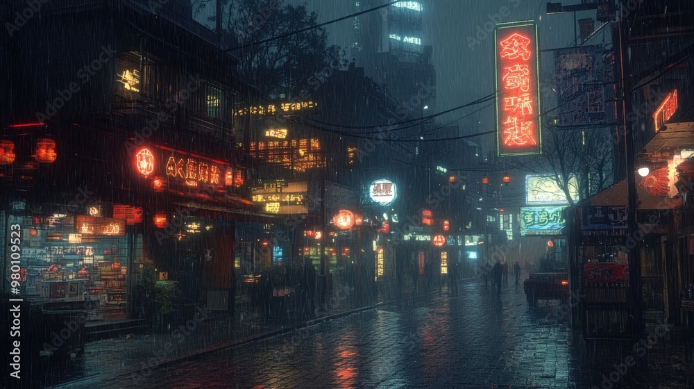 Fototapeta premium Cyberpunk City Streets with Neon Lights and Rainy Foggy Atmosphere