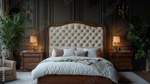 A luxurious, upholstered headboard with a tufted design and a wooden frame, situated in a sophisticated bedroom,