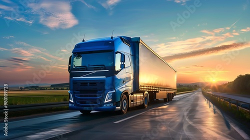 Blue powerful big rig semi truck on the highway at sunset