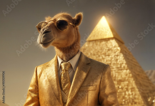 fashionable camel in sunglasses and a suit against the background of a pyramid of gold bars