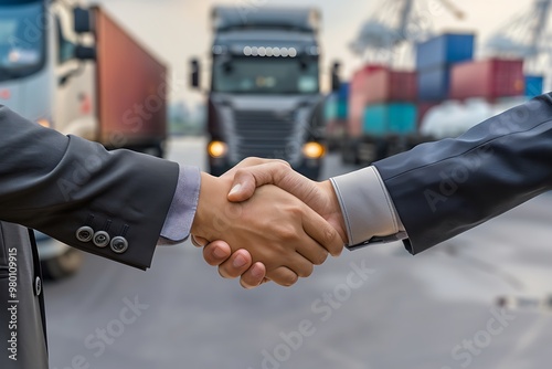 Businessman shake hands with logistic import export and transport industry background photo