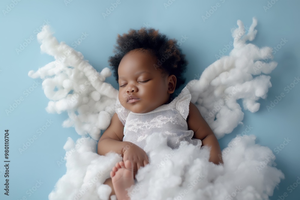 Newborn African-American girl in angel costume peacefully sleeping on a white cloud against a serene blue background