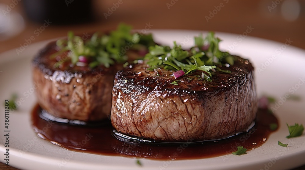 Two cooked steaks garnished with herbs on a plate. Two cooked steaks garnished with herbs on a plate.