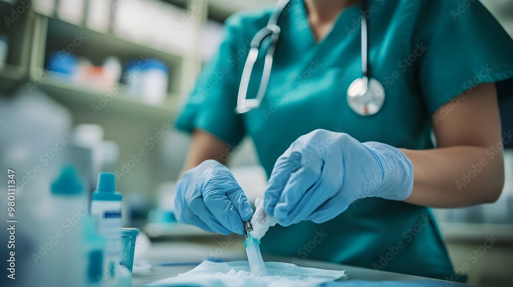 Medical personnel performing a medical examination or procedure in a hospital or clinic setting Medical personnel performing a medical examination or procedure in a hospital or clinic setting