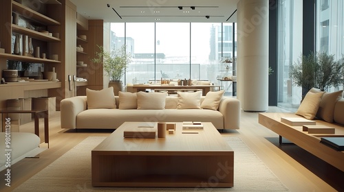 Modern interior showroom featuring neutral-toned sofas, chic wooden tables, and simple decor, lit by large windows.