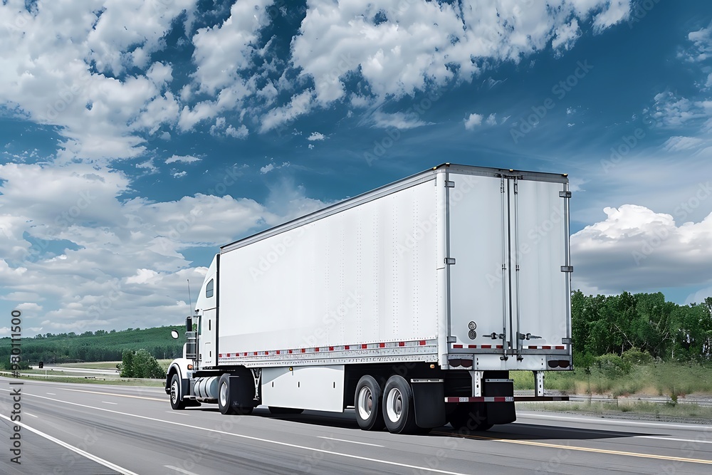 Big semi trailer truck with refrigerator on the highway Big semi trailer truck with refrigerator on the highway