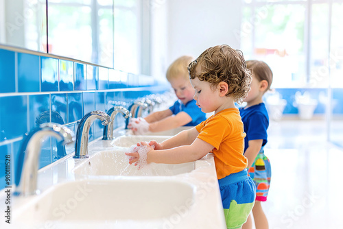 well-behaved toddlers washing hands at low sinks in a daycare bathroom photo