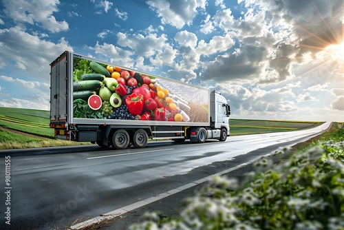Big semi trailer truck with refrigerator on the highway photo