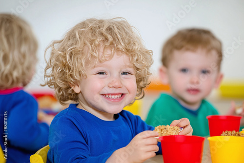 daycare children eating snacks calmly at a table