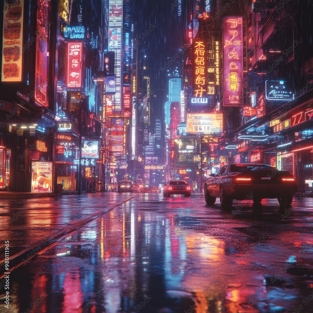 Cyberpunk City Streets with Neon Lights and Rainy Foggy Atmosphere