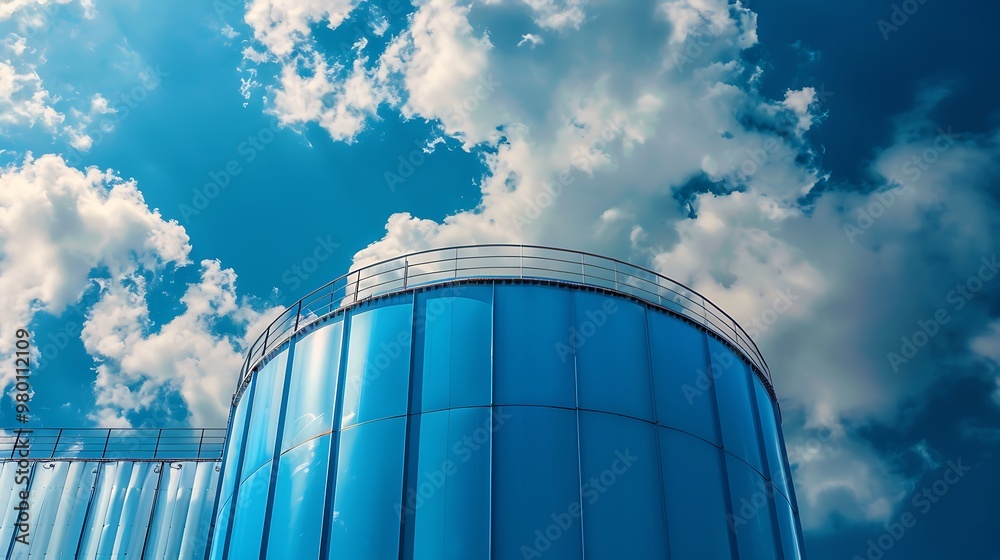 Fototapeta premium Industrial water tank with blue sky and white clouds