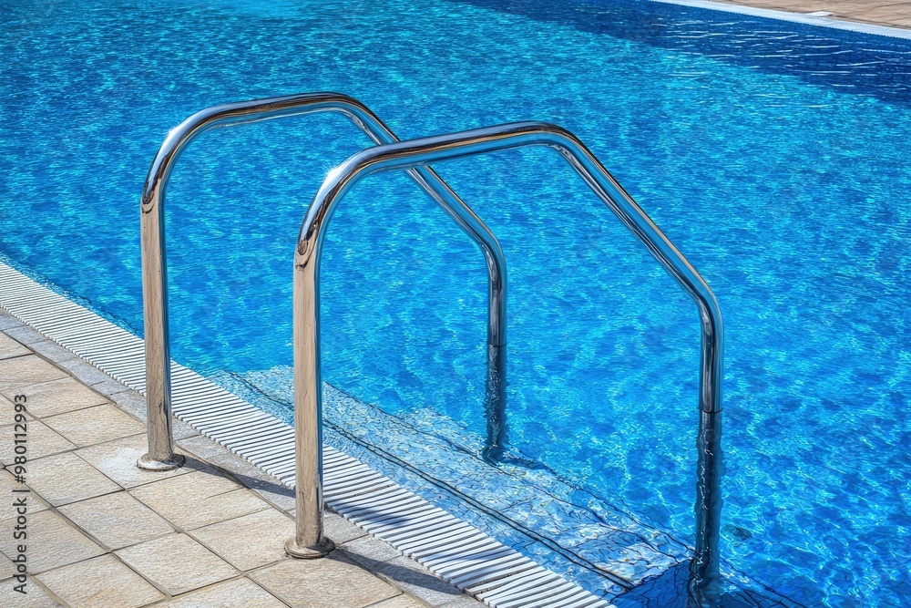 Swimming pool with stair and water. Swimming pool with handrail. Stainless steel ladder in pool. Grab bars ladder in the blue swimming pool, ai
