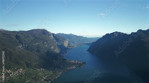 Aerial view of Lake Como, going south you can see the city of Lecco in the background.