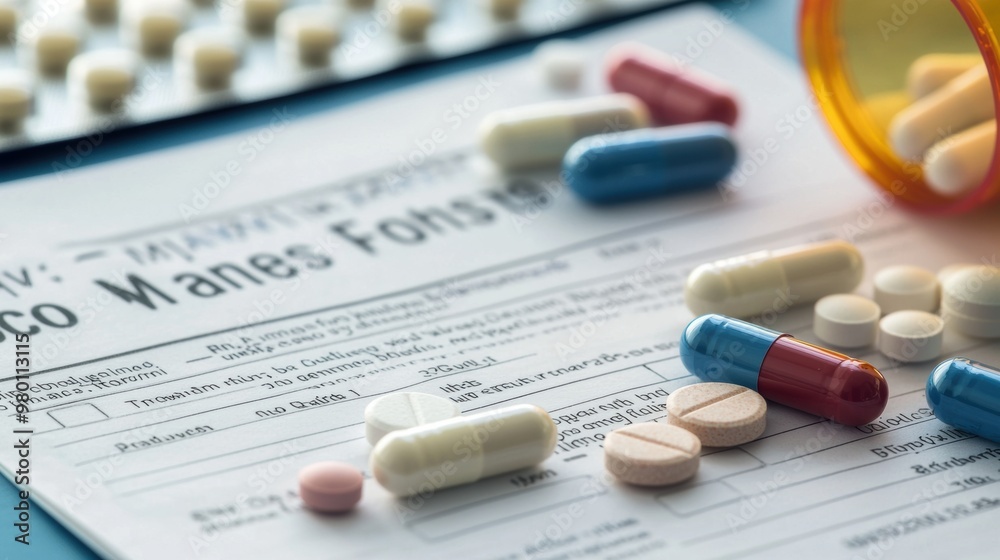Variety of Prescription and Over the Counter Medication Capsules and Tablets on Medical Form Variety of Prescription and Over the Counter Medication Capsules and Tablets on Medical Form