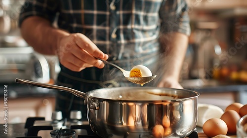 Man boiling eggs in the home kitchen