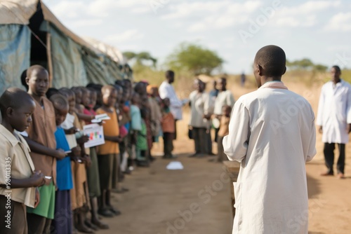 Healthcare workers provide medical assistance to children in a field hospital in Africa during a humanitarian outreach