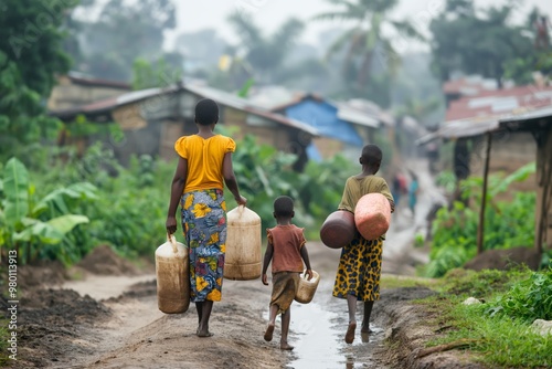 Family walks through a rural village in Africa carrying water and food supplies amidst challenging living conditions