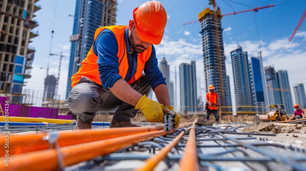 Construction worker laying out piping for a new building, surrounded by construction tools and machinery with a high-rise structure in progress Construction worker laying out piping for a new building, surrounded by construction tools and machinery with a high-rise structure in progress