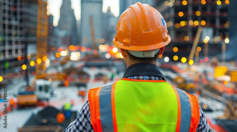 Construction worker overseeing the delivery of materials at a site with cranes, scaffolding, and ongoing construction activity in the background