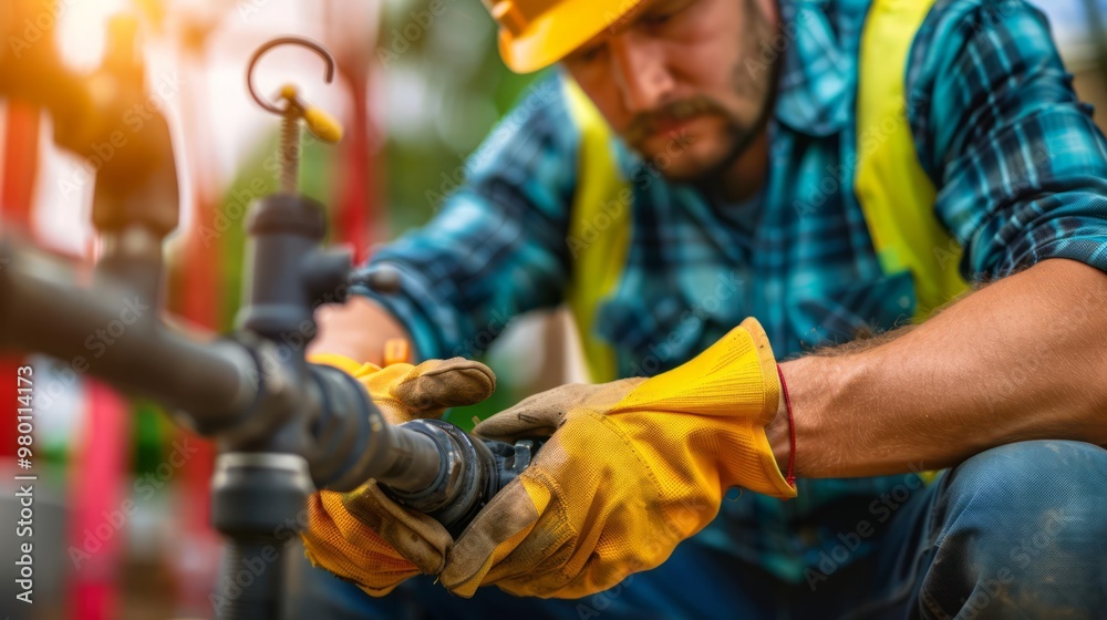 Construction worker, plumbing work, pipe fitting Construction worker, plumbing work, pipe fitting