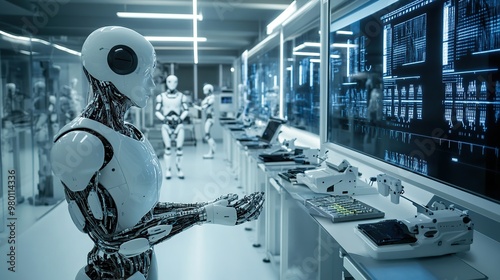 A highly advanced robotics lab with humanoid robots assisting humans, complex mechanical limbs being assembled with precision tools, and AI control panels glowing with complex algorithms, in a hyper-m