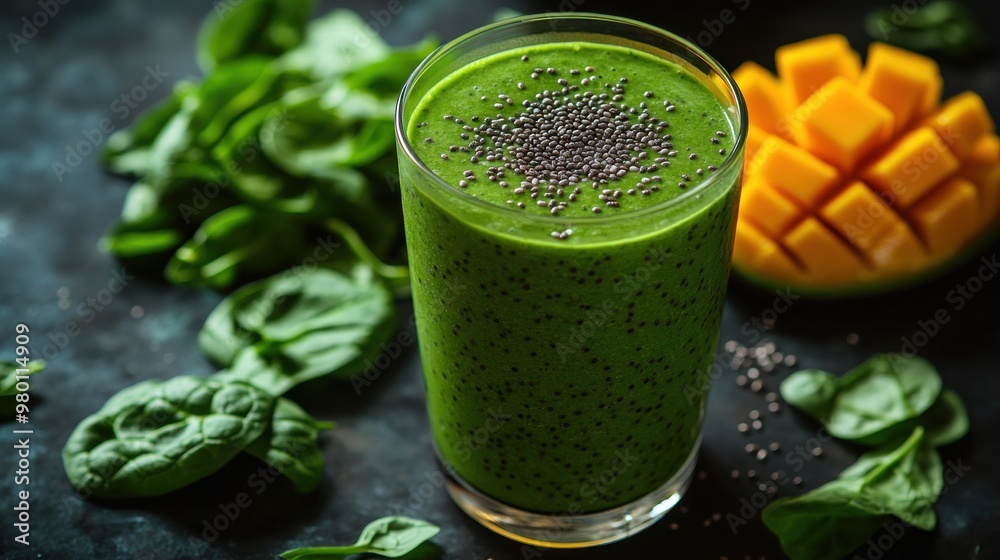 A vibrant green smoothie with spinach and mango, topped with chia seeds. A vibrant green smoothie with spinach and mango, topped with chia seeds.
