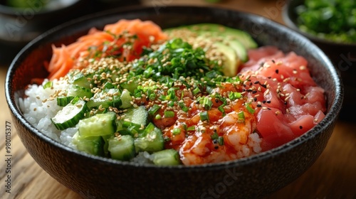 A vibrant sushi bowl featuring fresh seafood and vegetables.