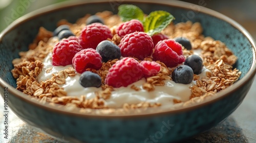 A bowl of yogurt topped with granola, raspberries, and blueberries.