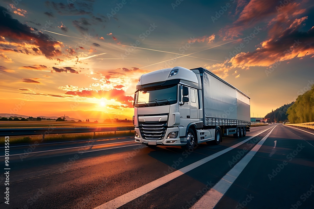 Truck on highway in the countryside in beautiful sunset Truck on highway in the countryside in beautiful sunset