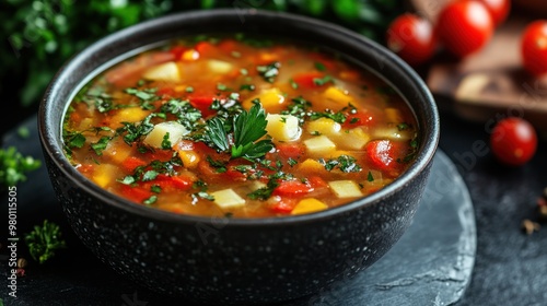 A hearty vegetable soup garnished with fresh herbs.