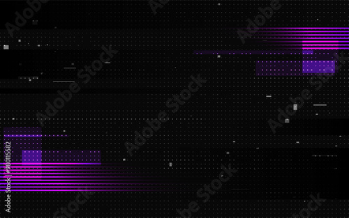 Glitch texture. Tech poster template. Digital color shapes and dots. Futuristic abstract background. Video signal distortion. Cyberpunk computer design. Vector illustration.
