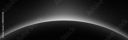 Space horizon. Planet eclipse with glowing. Sunrise earth wallpaper. Wide cosmos background with bright stars and beams. Realistic solar ring on dark backdrop. Vector illustration.
