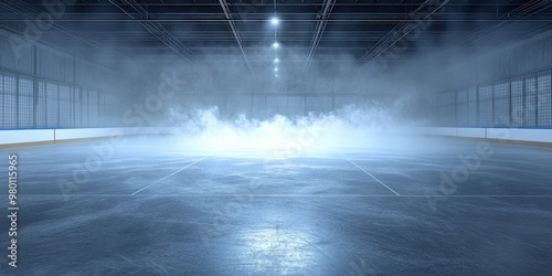 Professional Ice Hockey Rink Illuminated with Spotlights and Foggy Atmosphere