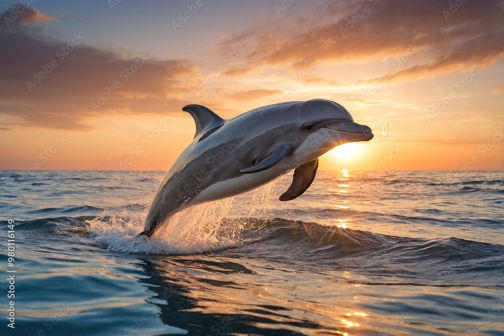 Fototapeta premium Dolphin Leaping Playfully Out of the Ocean at Sunrise: A dolphin captured mid-leap as it arches gracefully out of the calm ocean water during the early morning hours.