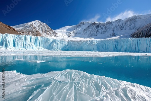 A Frozen Lake and Glacier in the Mountains photo