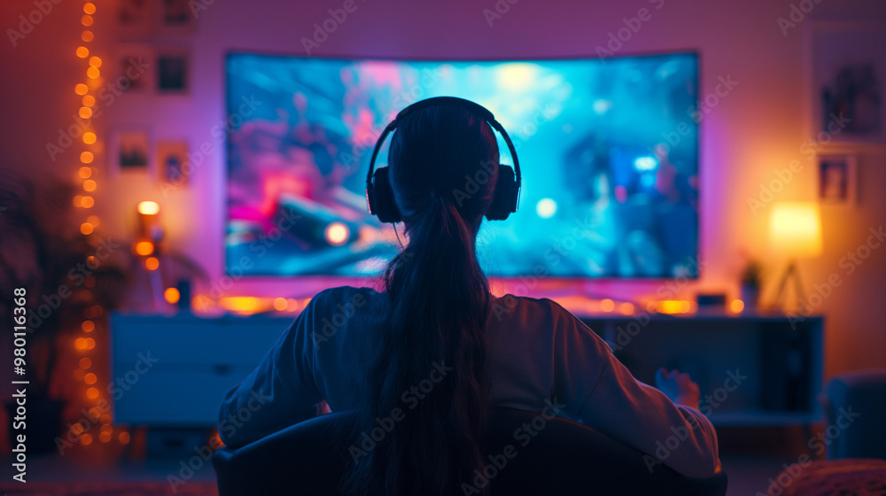 Gamer with headphones playing on large TV in colorful room. Gamer with headphones playing on large TV in colorful room.