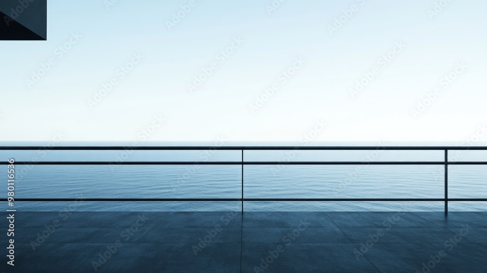 Fototapeta premium Balcony View with Simple Railing, a serene perspective from a balcony featuring a minimalist railing that opens to a sweeping horizon filled with distant landscapes