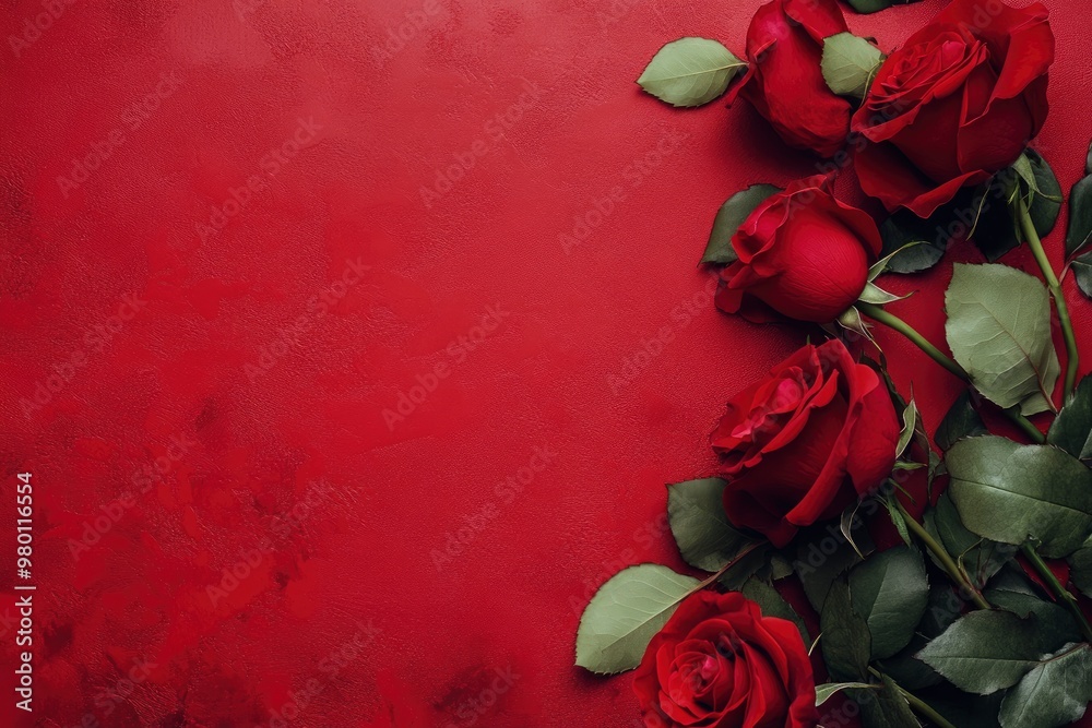 Red rose flowers on red colour background with copy space, Happy valentines day banner type image, Wedding and anniversary greeting background , ai Red rose flowers on red colour background with copy space, Happy valentines day banner type image, Wedding and anniversary greeting background , ai