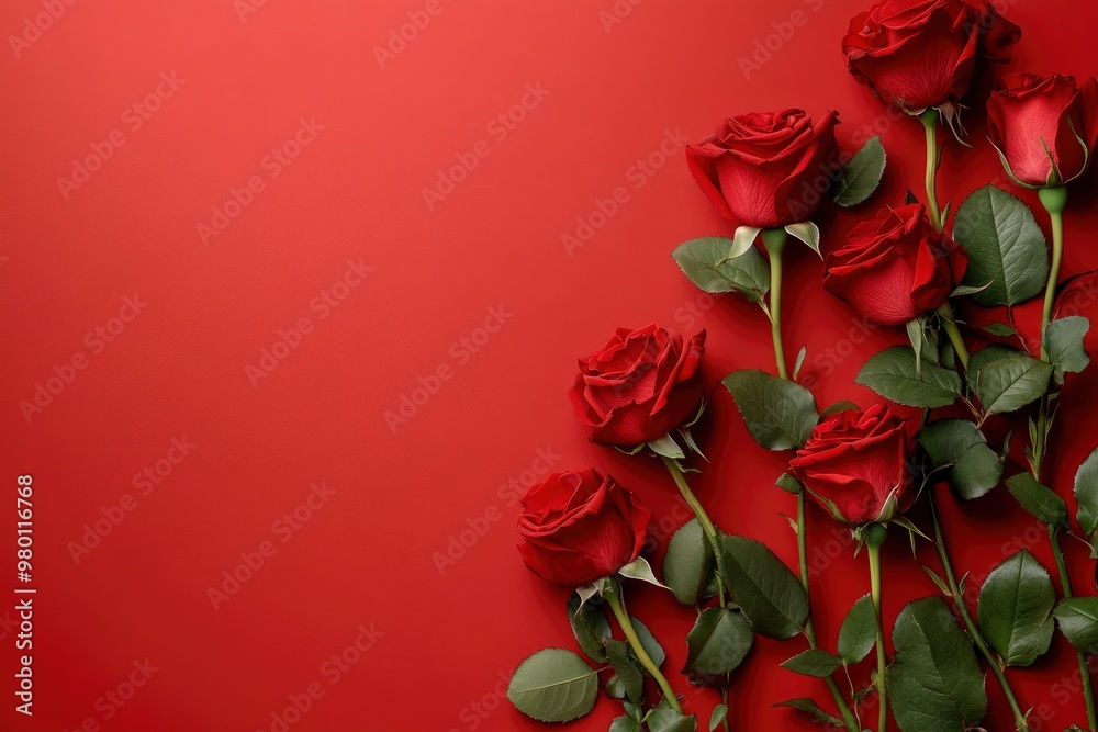 Red rose flowers on red colour background with copy space, Happy valentines day banner type image, Wedding and anniversary greeting background , ai Red rose flowers on red colour background with copy space, Happy valentines day banner type image, Wedding and anniversary greeting background , ai
