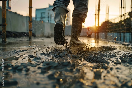 Worker pouring concrete in formwork at construction site, closeup