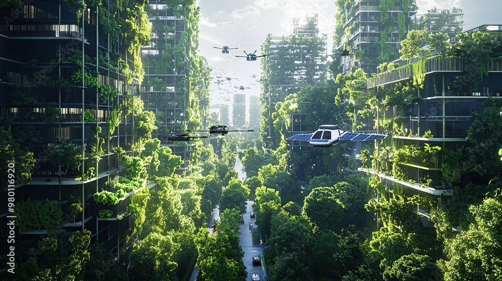 Image showcasing A smart eco-friendly city surrounded by lush vertical gardens ...