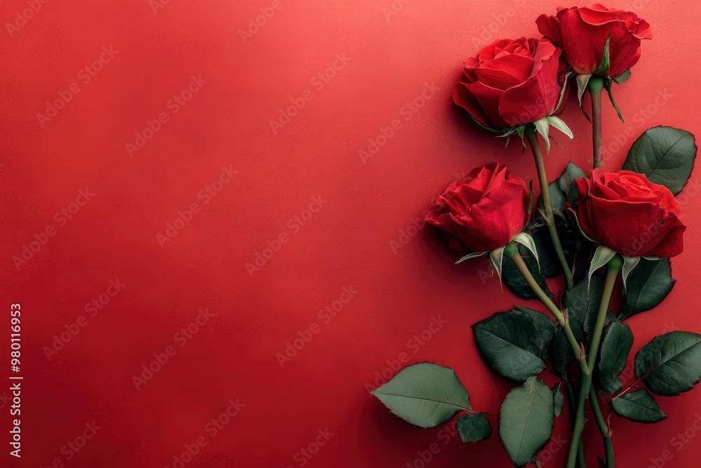 Red rose flowers on red colour background with copy space, Happy valentines day banner type image, Wedding and anniversary greeting background , ai Red rose flowers on red colour background with copy space, Happy valentines day banner type image, Wedding and anniversary greeting background , ai