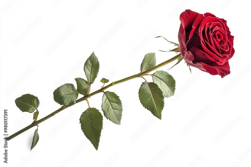Obraz premium Red rose flower with clipping path, side view. Beautiful single red rose flower on stem with leaves isolated on white background. NaturÐµ object for design to Valentines Day, mothers day, ai