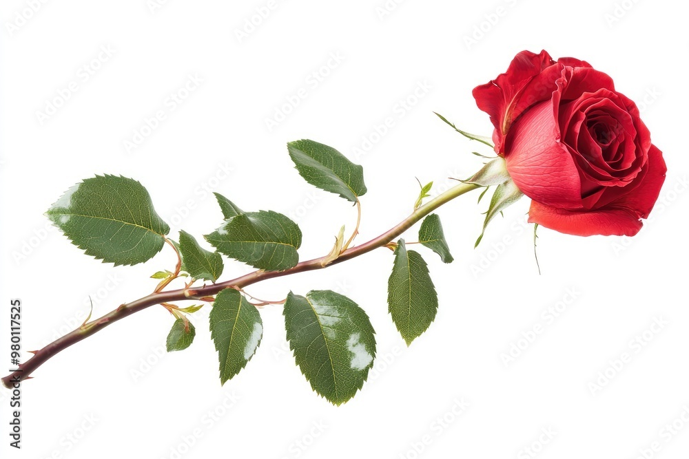 Obraz premium Red rose flower with clipping path, side view. Beautiful single red rose flower on stem with leaves isolated on white background. NaturÐµ object for design to Valentines Day, mothers day, ai