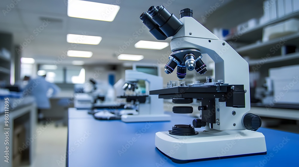Modern Microscope on a Blue Table in a Laboratory Setting Modern Microscope on a Blue Table in a Laboratory Setting