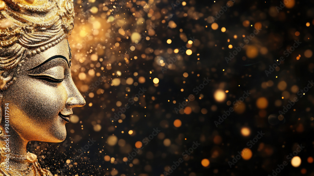 A serene golden statue with sparkling background evokes sense of peace and spirituality. A serene golden statue with sparkling background evokes sense of peace and spirituality.
