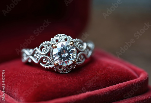 Antique Diamond Engagement Ring: Close-up of a diamond engagement ring set in a decorative, vintage-inspired platinum band with detailed metalwork, showcasing the gem against a red velvet background.