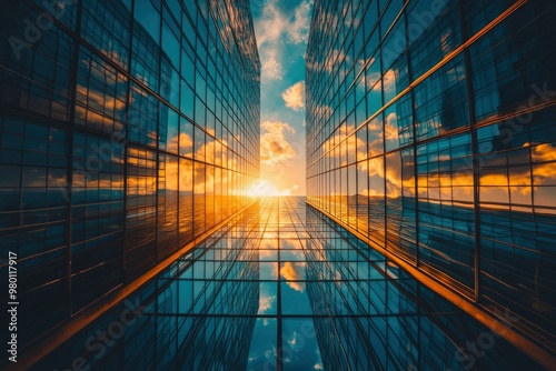 Sunset Reflections on Modern Glass Facade of a Skyscraper