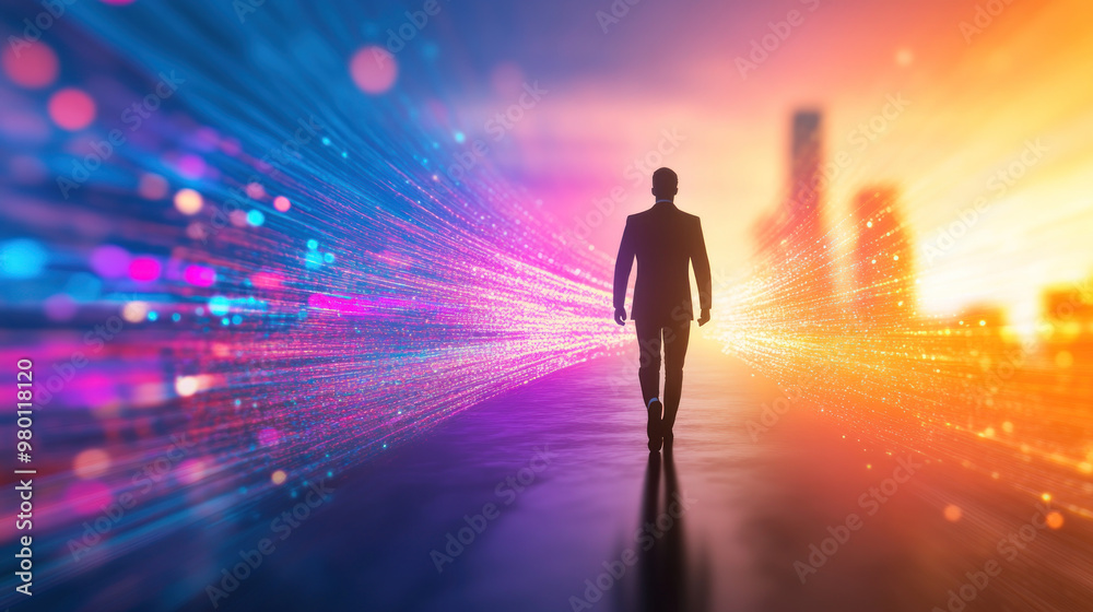 A silhouette of man walking on vibrant path of light and ideas. A silhouette of man walking on vibrant path of light and ideas.